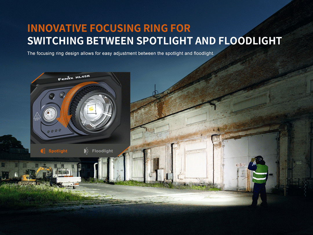 A GIF showing the rotary spot and flood switching light of the Fenix HL45R headlamp 