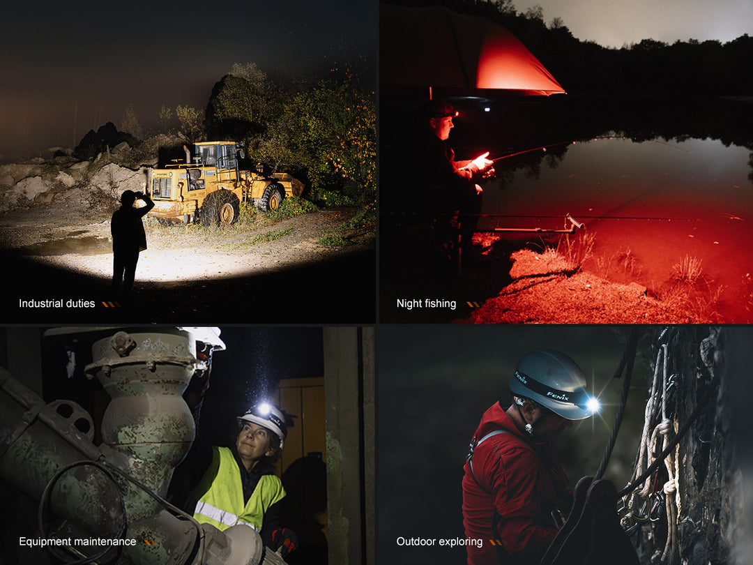 Several photos showing different uses for the Fenix HL45R headlamp 
