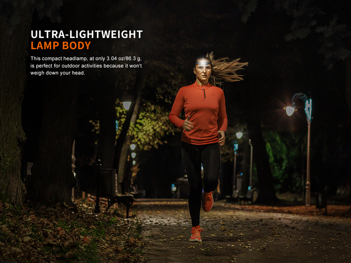 Fenix HM23 V2 detachable headlamp used by a person running in the park