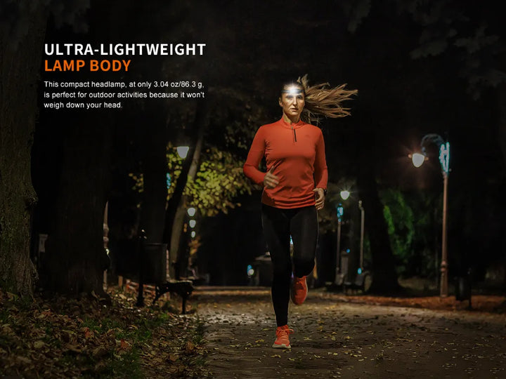 Fenix HM23 V2 detachable headlamp used by a person running in the park