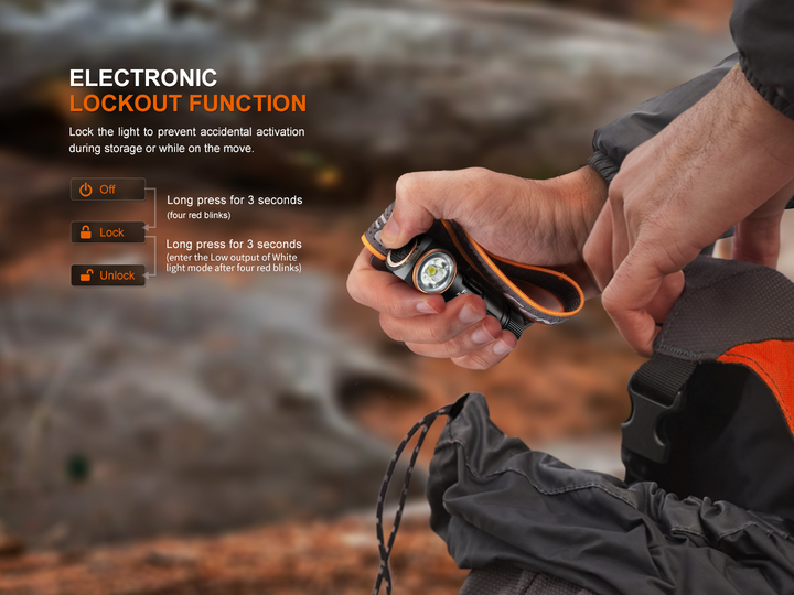 A person using the lockout function of the Fenix HM23 V2 detachable headlamp before putting it in a bag