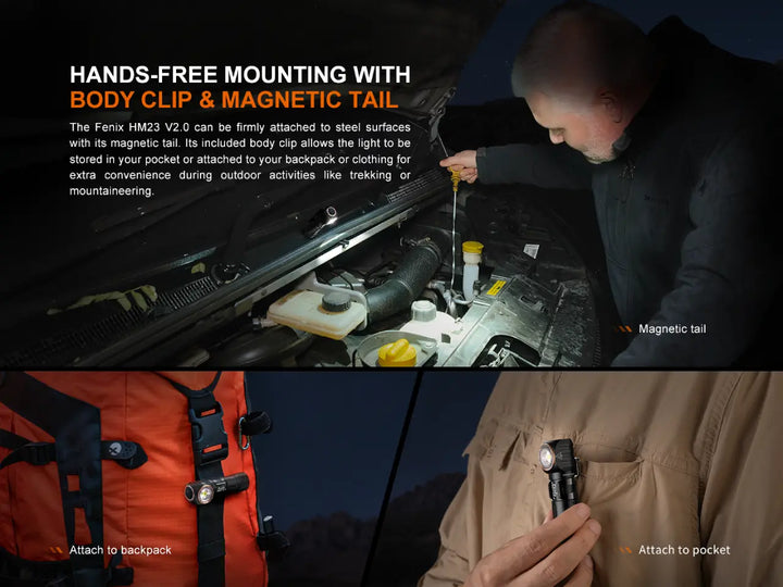 Several photos showing the different attachment options of the magnetic tail and pocket clip