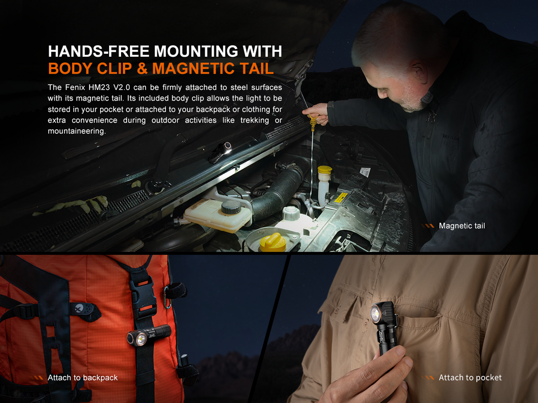 Several photos showing the different attachment options of the magnetic tail and pocket clip