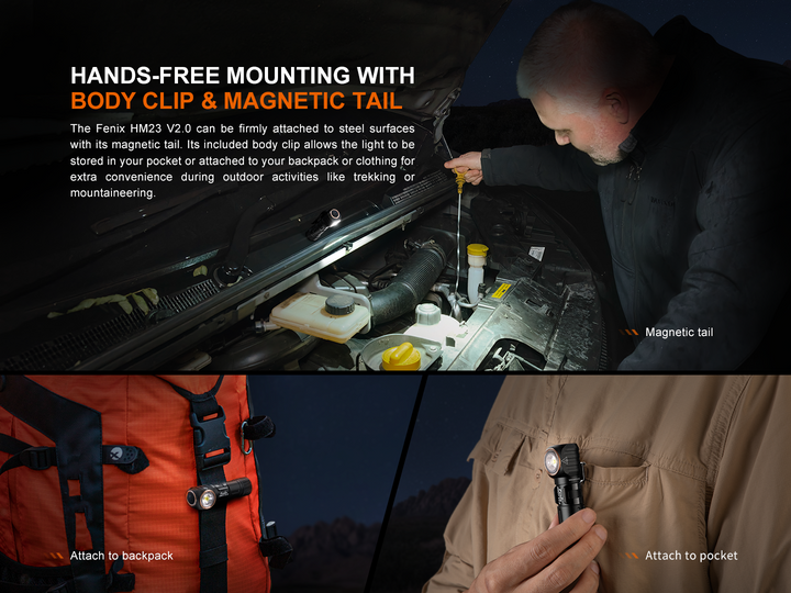 Several photos showing the different attachment options of the magnetic tail and pocket clip