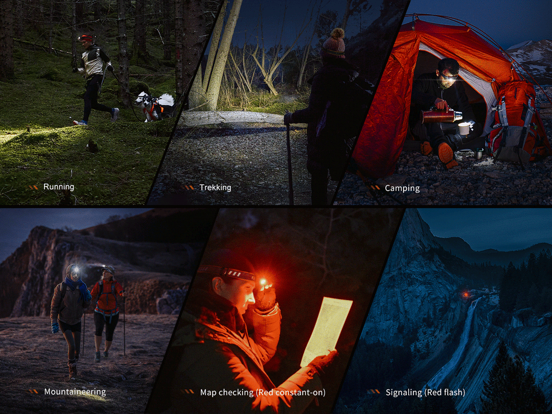 Several photos showing different use cases of the Fenix HM23 V2 detachable headlamp 