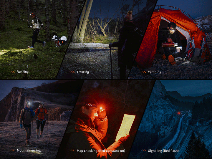 Several photos showing different use cases of the Fenix HM23 V2 detachable headlamp 