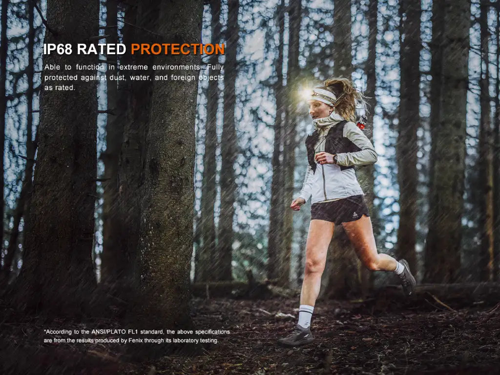 Fenix HM23 V2 detachable headlamp used by a runner during a rainy day