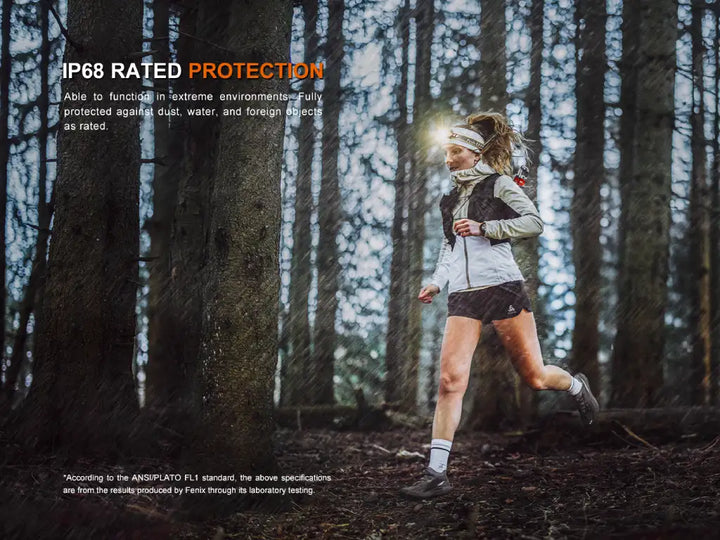 Fenix HM23 V2 detachable headlamp used by a runner during a rainy day