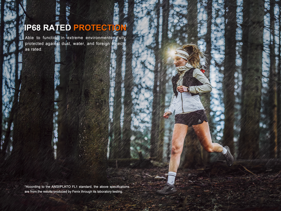 Fenix HM23 V2 detachable headlamp used by a runner during a rainy day