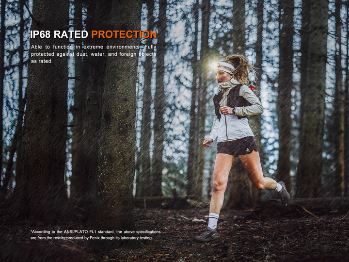 Fenix HM23 V2 detachable headlamp used by a runner during a rainy day