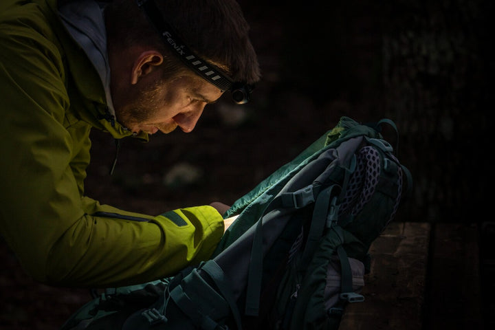 Person in a yellow jacket using the Fenix HM53R headlamp sitting in the dark, possibly camping, with a backpack.