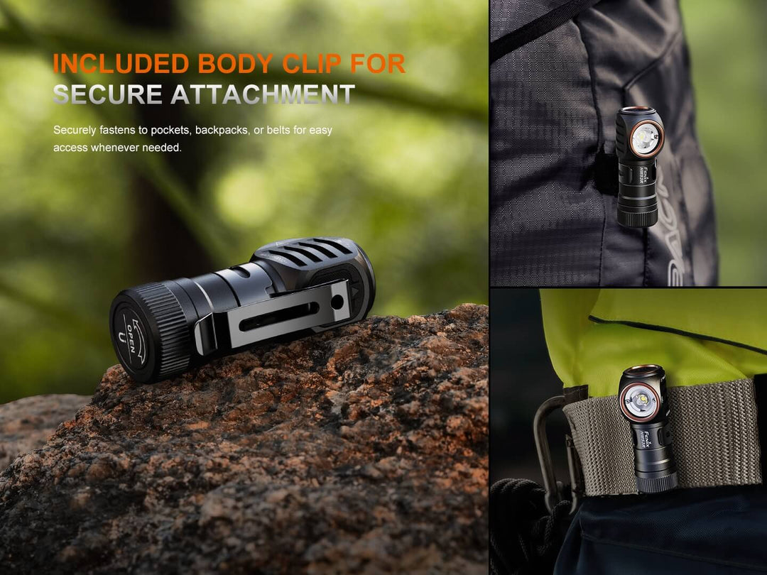 Black Fenix HM53R headlamp with included body clip on a rock and attached to a jacket.