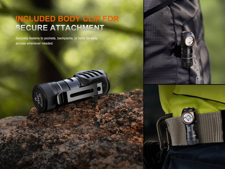 Black Fenix HM53R headlamp with included body clip on a rock and attached to a jacket.