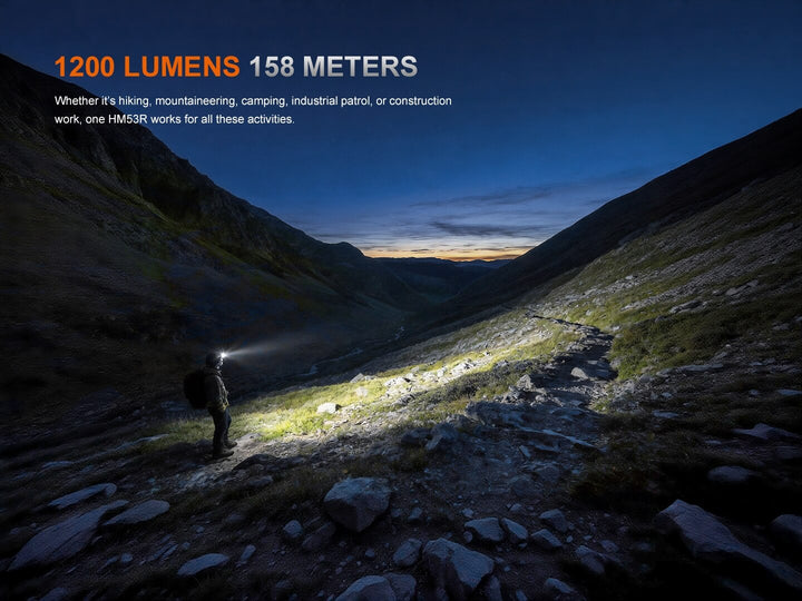 Person hiking in a mountainous area with a Fenix HM53R headlamp  illuminating the path.