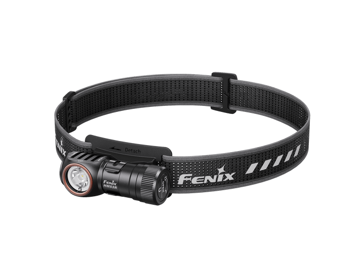 Fenix HM53R headlamp with black strap on a white background