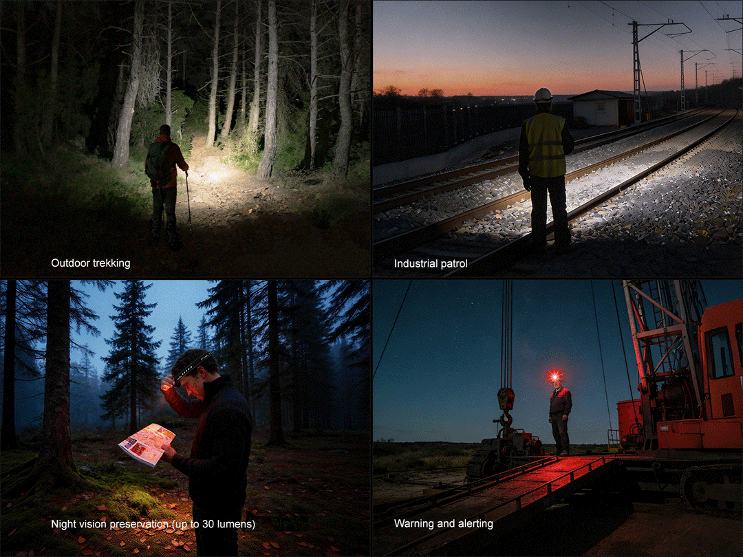 A GIF showing different uses and features of the Fenix HM53R headlamp 