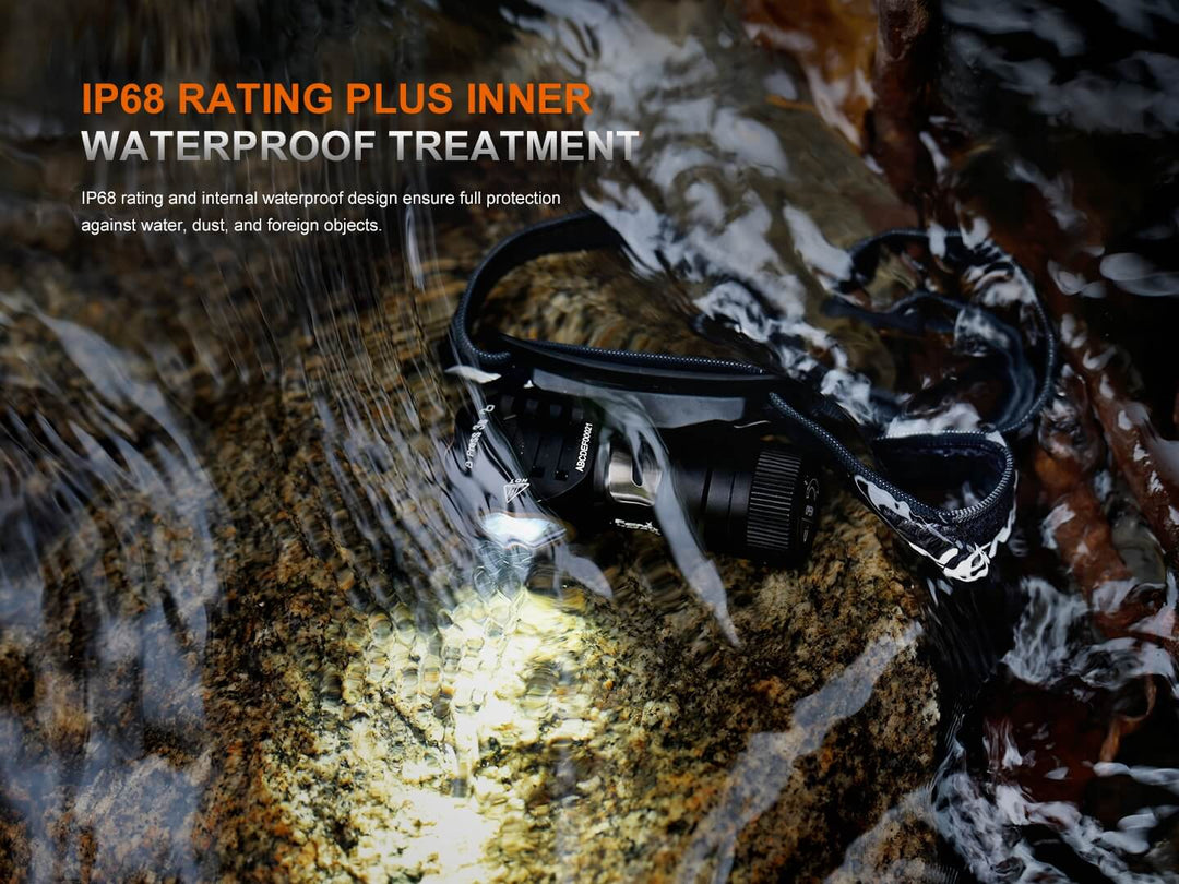 Fenix HM53R headlamp with IP68 rating and waterproof treatment on a rocky surface