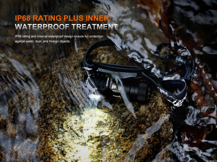 Fenix HM53R headlamp with IP68 rating and waterproof treatment on a rocky surface