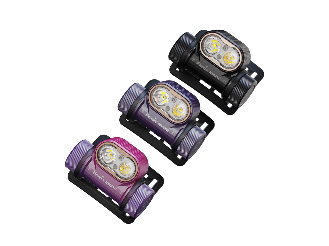 Fenix HM55R Headlamp in three colors on a white background
