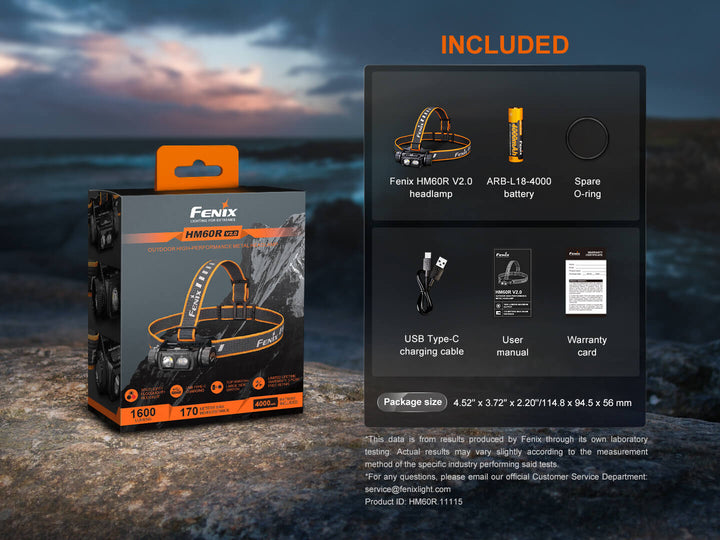 Fenix HM60R V2 headlamp in package with included accessories