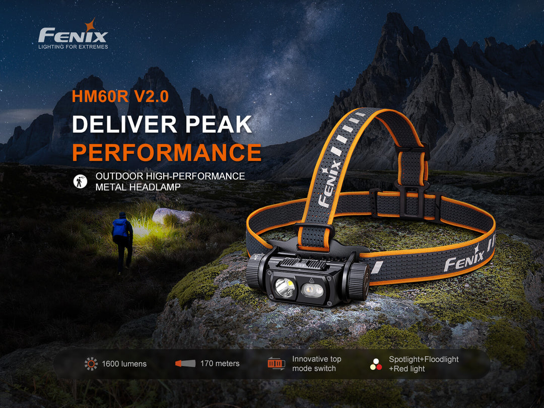 Fenix HM60R V2 headlamp on stone with a hiker in the background