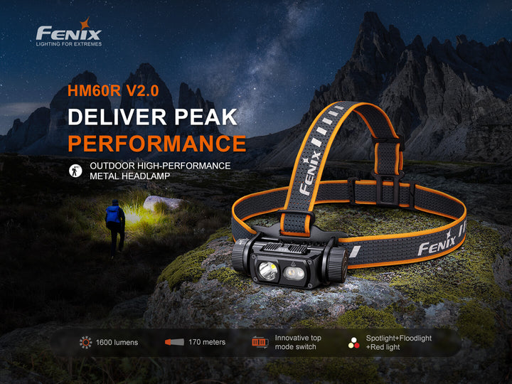 Fenix HM60R V2 headlamp on stone with a hiker in the background