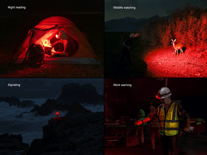 A GIF showing various uses of the Fenix HM60R V2 headlamp's red output