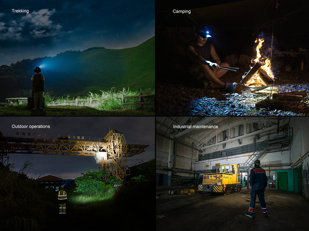 Several photos showing the Fenix HM60R V2 headlamp used in a variety of scenarios