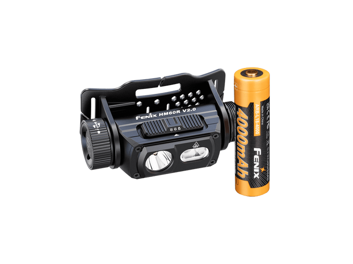Fenix HM60R V2 headlamp with battery next to it