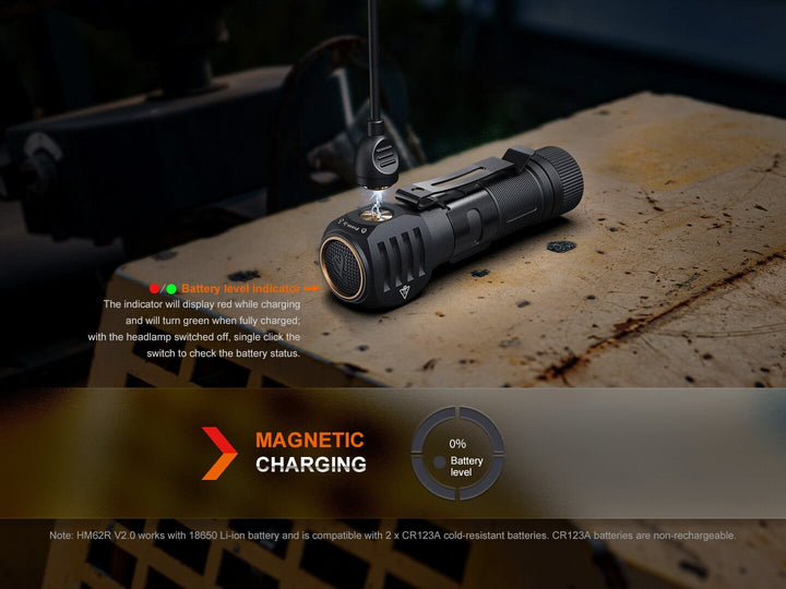 Magnetic charging cable being attached to the Fenix HM61R V2 rechargeable LED headlamp 