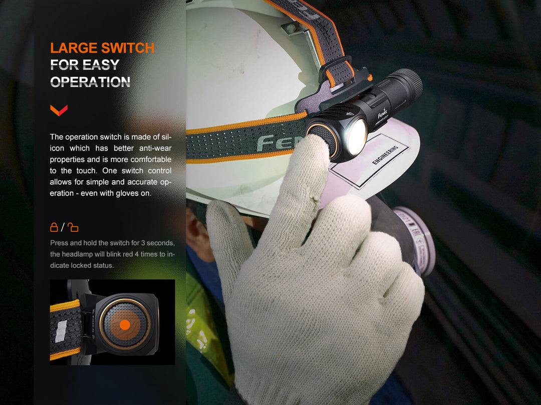 A worker using the large button of the Fenix HM61R V2 rechargeable LED headlamp with a gloved hand