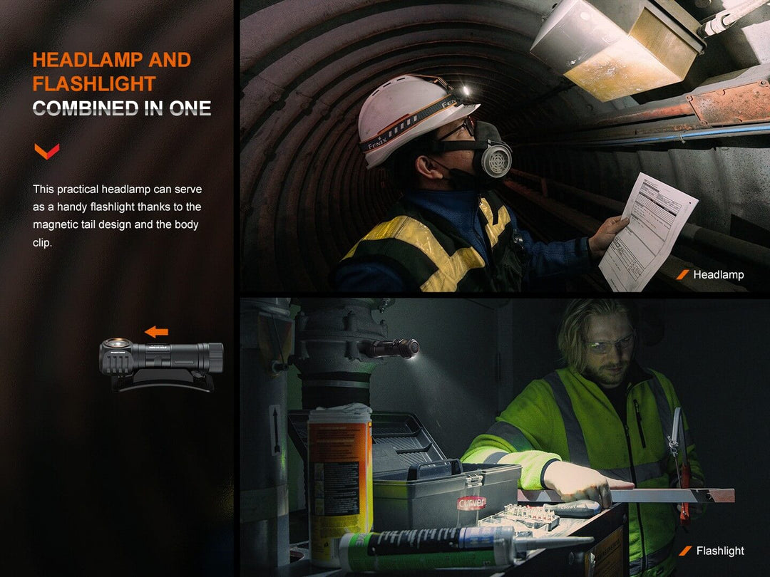 Two photos showing the Fenix HM61R V2 rechargeable LED headlamp used by workers in different industries