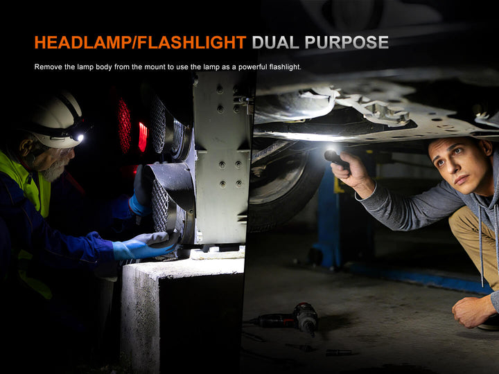 Two men working on a vehicle with a Fenix HM61R V3 headlamp/flashlight dual-purpose feature.