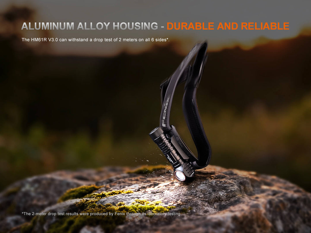 Fenix HM61R V3 Headlamp on a rock with text about aluminum alloy housing durability.