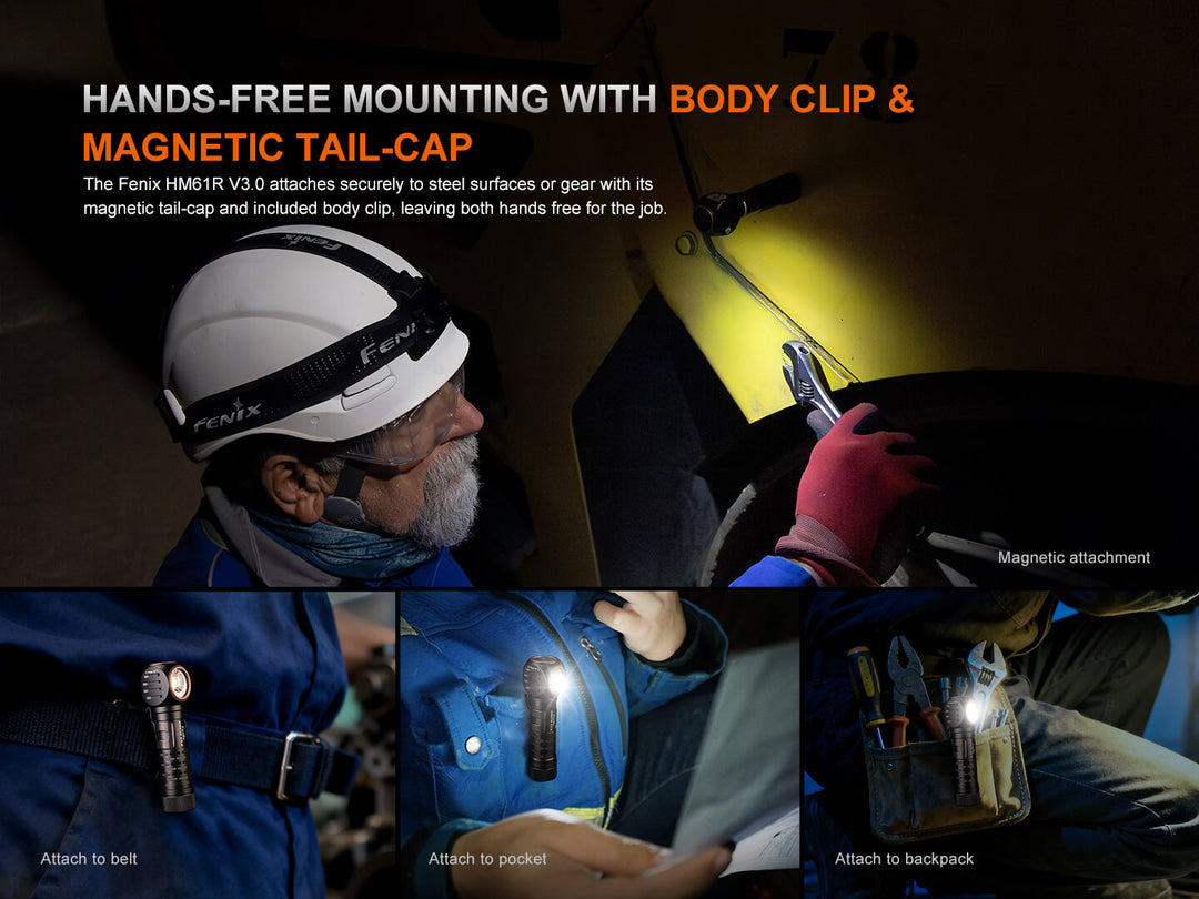 Person using a Fenix HM61R V3 Headlamp with magnetic tail-cap and body clip attachment, highlighting hands-free mounting feature.