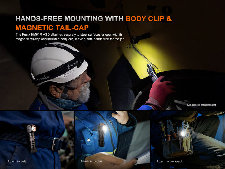 Person using a Fenix HM61R V3 Headlamp with magnetic tail-cap and body clip attachment, highlighting hands-free mounting feature.