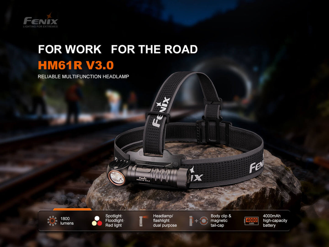Fenix HM61R V3 Headlamp on a rock with a blurred background of people and lights, featuring the text 'For Work For the Road HM61R V3.0'.