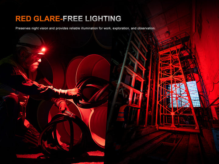 Person working with red glare-free lighting in a dark industrial setting