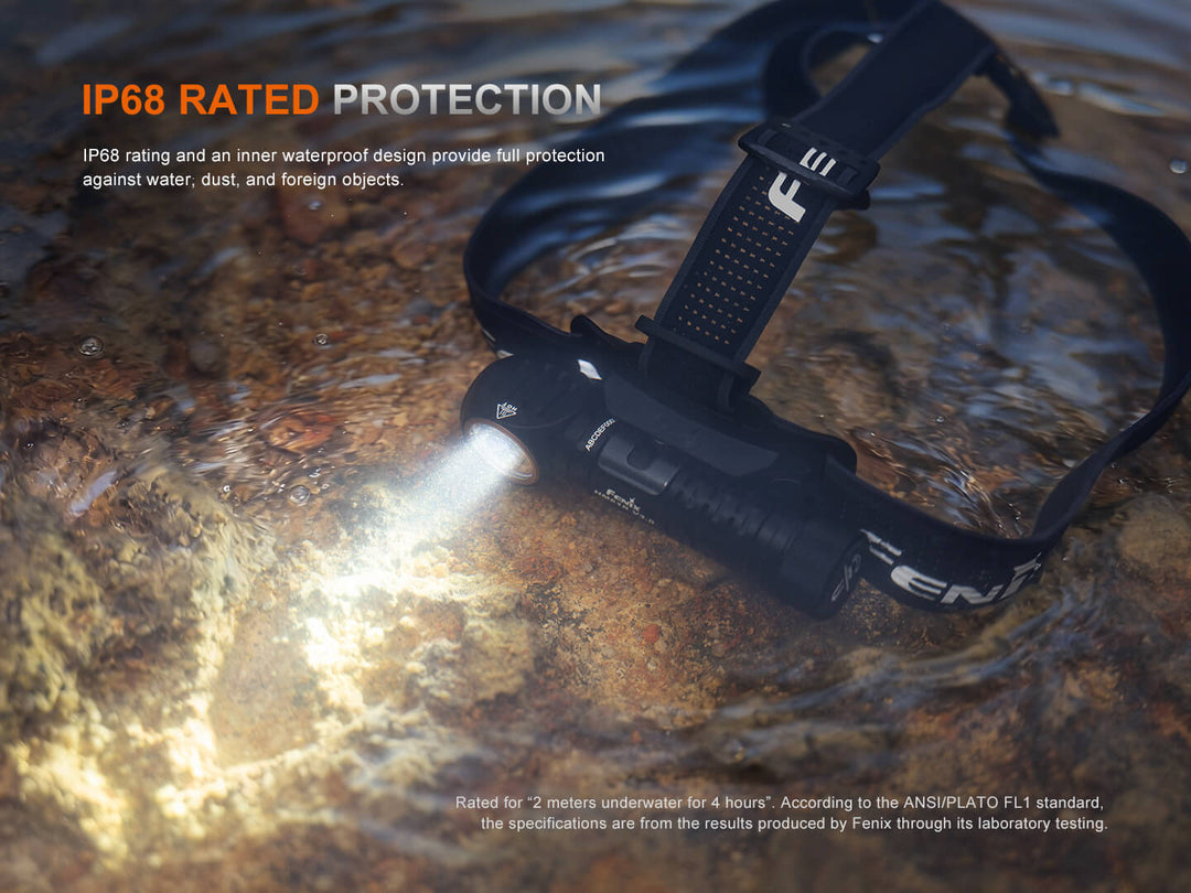 Black Fenix HM61R V3 Headlamp with IP68 rating in a river