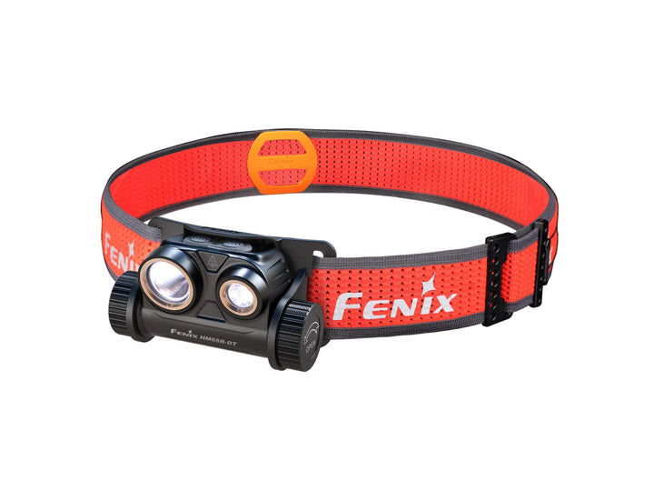 Fenix HM65R-DT trail running headlamp in black as viewed from a front right angle