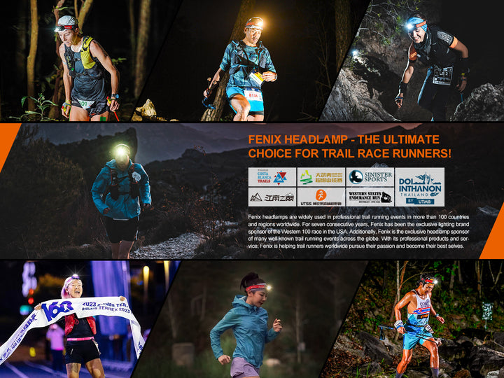 Several photos showing professional race runners using the Fenix HM65R-T V2 rechargeable lightweight trail running headlamp 