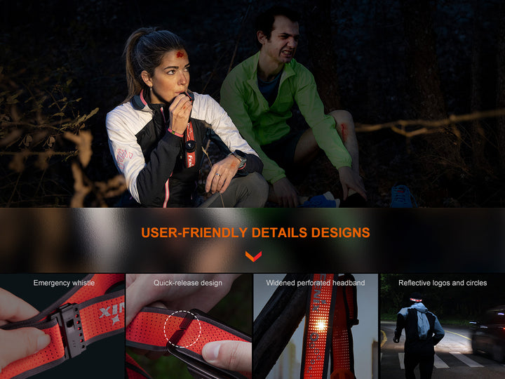Several photos highlighting the user friendly design of the Fenix HM65R-T V2 rechargeable lightweight trail running headlamp 
