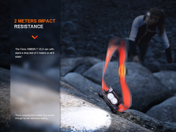 Fenix HM65R-T V2 rechargeable lightweight trail running headlamp dropped on stone