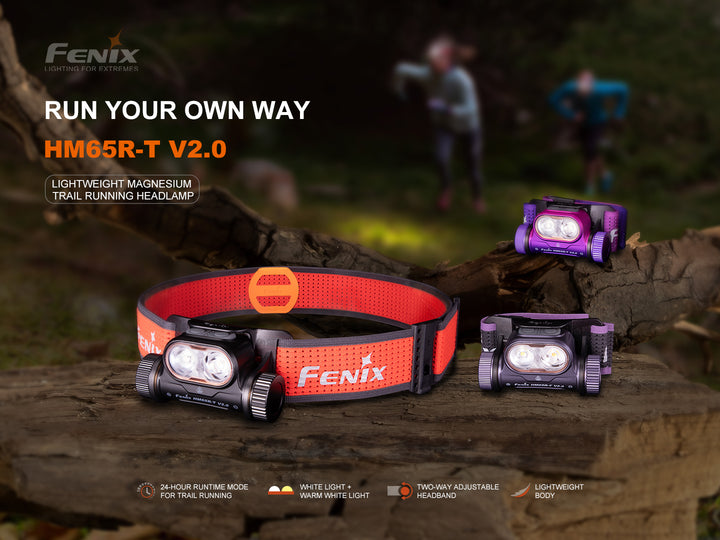 Fenix HM65R-T V2 rechargeable lightweight trail running headlamp on stone
