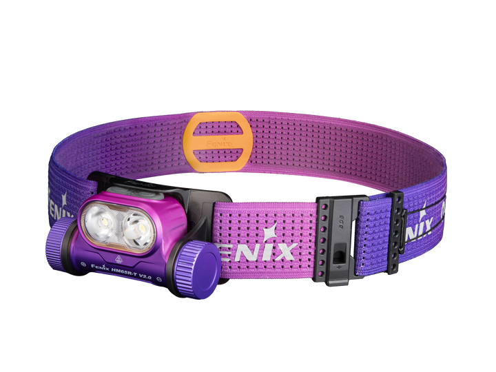 A purple Fenix HM65R-T V2 rechargeable lightweight trail running headlamp with a nebulas pattern on the strap and the Fenix logo on the front.