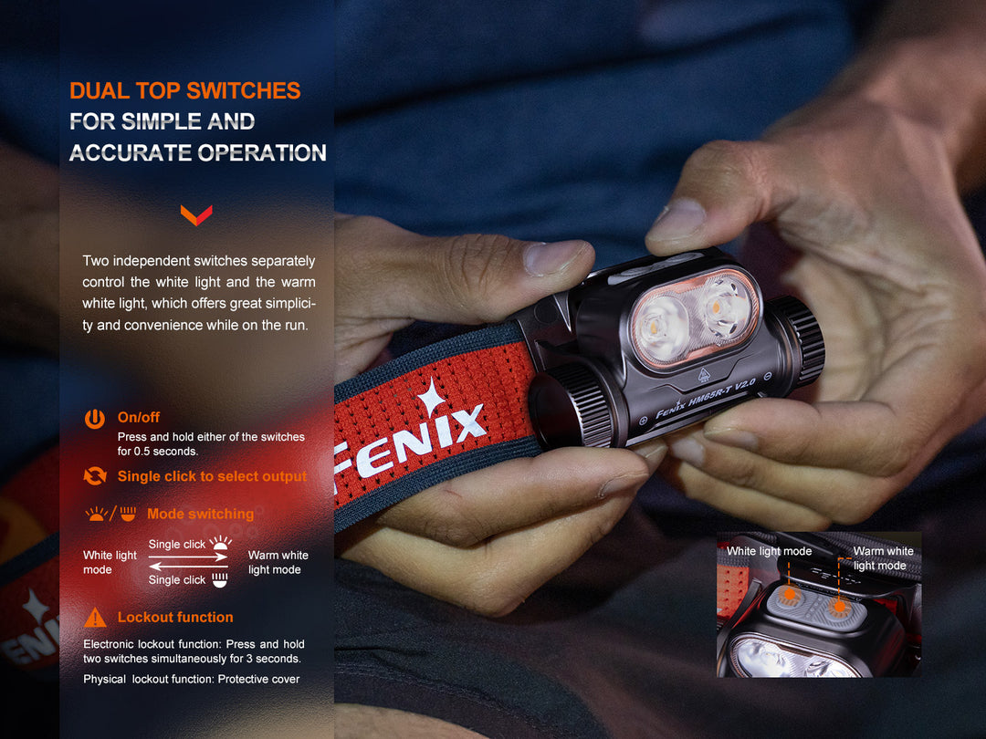 Fenix HM65R-T V2 rechargeable lightweight trail running headlamp held in hand with graphics explaining the switch operation