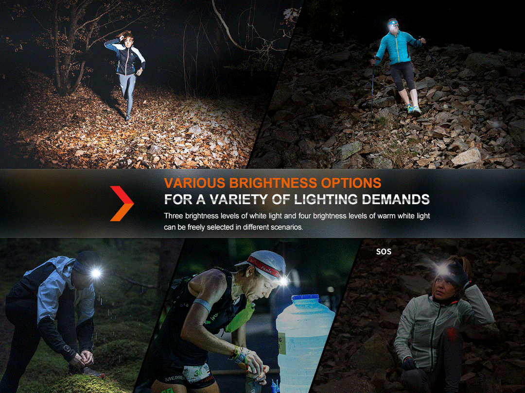 Several photos showing the different outputs of the Fenix HM65R-T V2 rechargeable lightweight trail running headlamp 