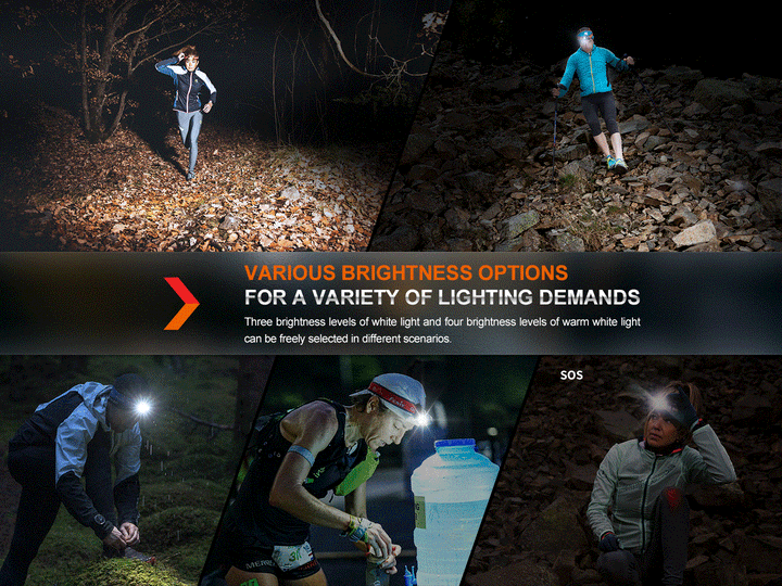 Several photos showing the different outputs of the Fenix HM65R-T V2 rechargeable lightweight trail running headlamp 