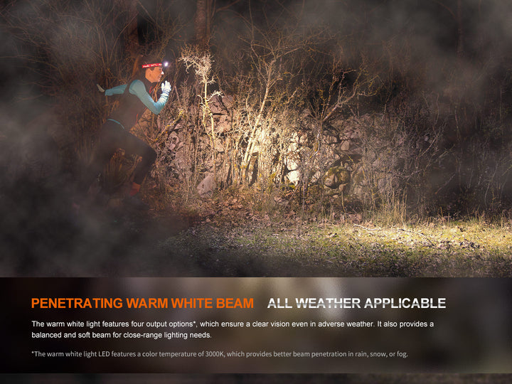 A runner using the penetrating beam of the Fenix HM65R-T V2 rechargeable lightweight trail running headlamp in the fog