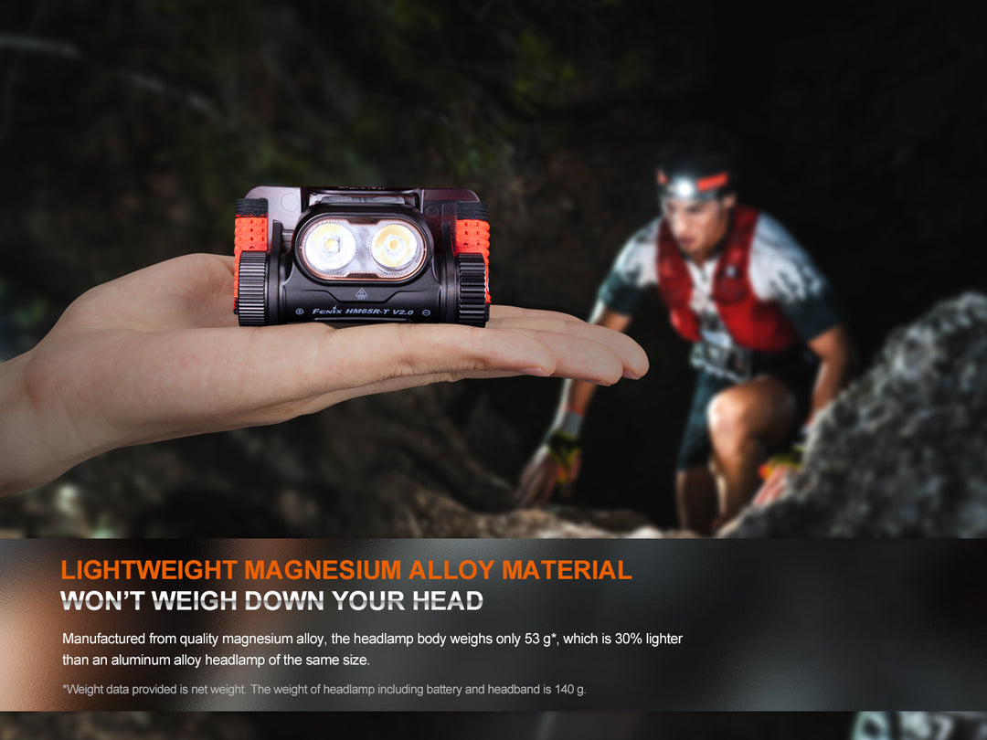 Fenix HM65R-T V2 rechargeable lightweight trail running headlamp held in the hand with a climber in the background